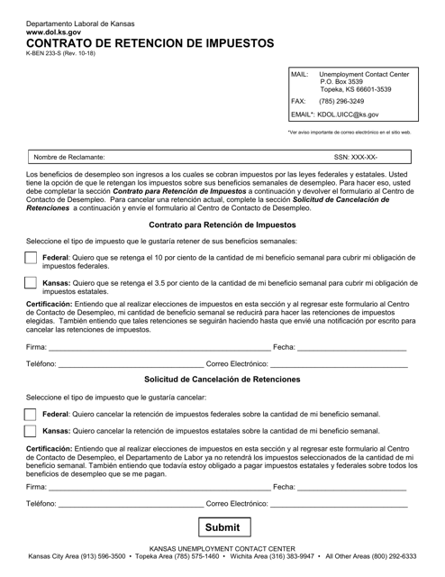 Formulario K-BEN233-S Contrato De Retencion De Impuestos - Kansas (Spanish)