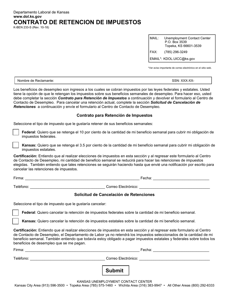 Formulario K-BEN233-S Contrato De Retencion De Impuestos - Kansas (Spanish), Page 1