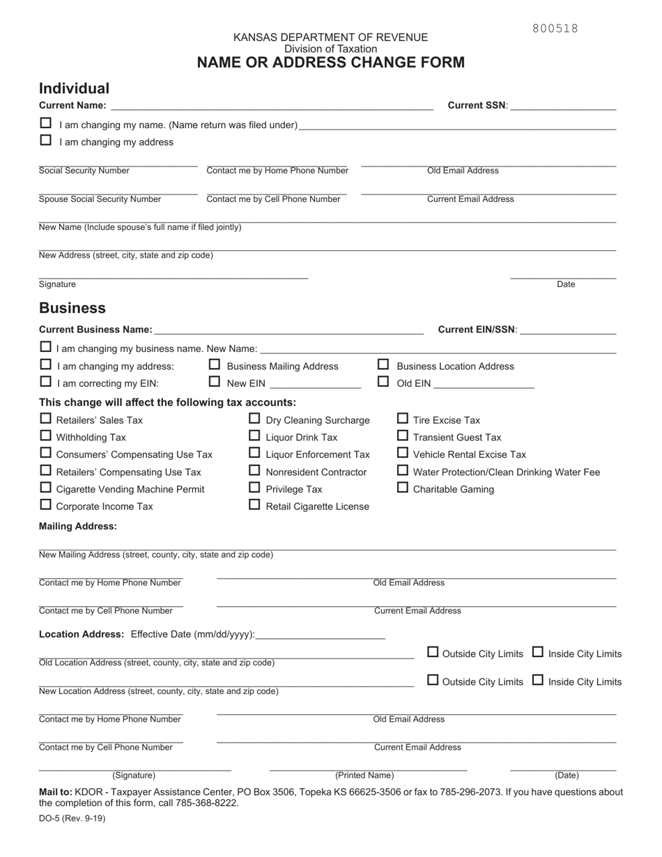 Form DO-5 Name or Address Change Form - Kansas, Page 1