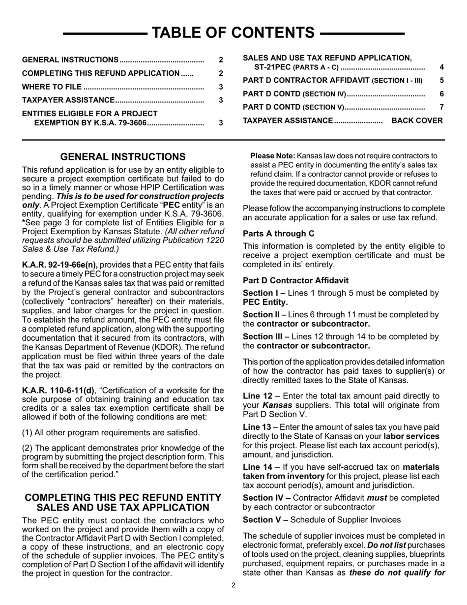 Form ST-21PEC Sales and Use Tax Refund Application for Use by Pec Entities - Kansas, Page 2