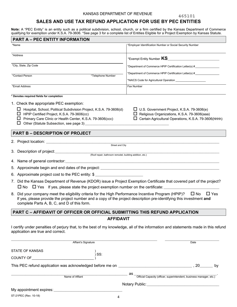 Form ST-21PEC Sales and Use Tax Refund Application for Use by Pec Entities - Kansas, Page 4