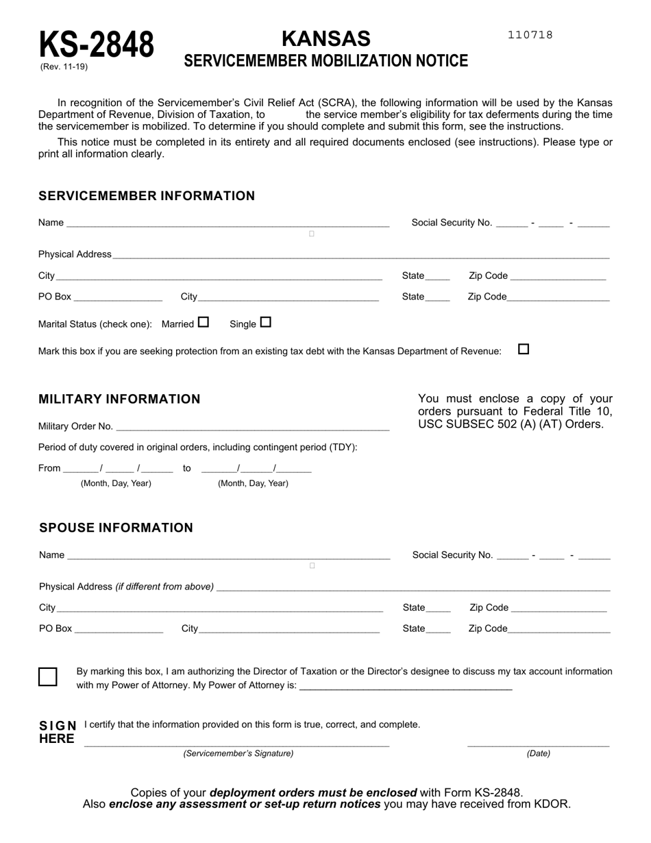 Form KS-2848 Servicemember Mobilization Notice - Kansas, Page 1