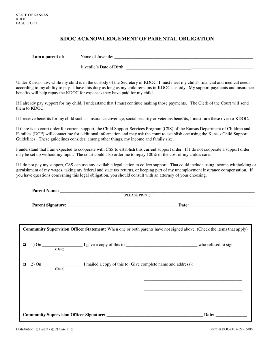 Form KDOC-0014 Kdoc Acknowledgement of Parental Obligation - Kansas, Page 1