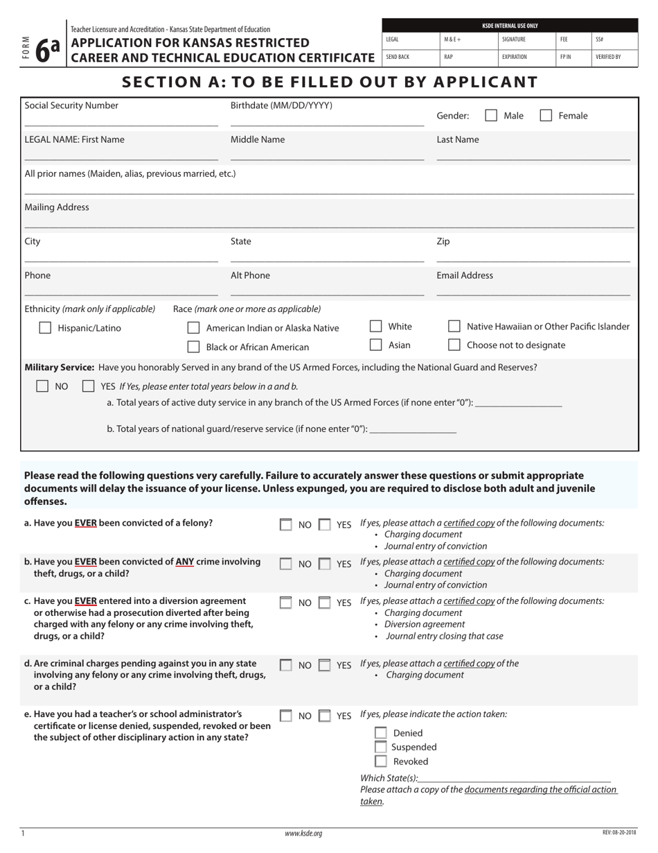 Form 6A Application for Kansas Restricted Career and Technical Education Certificate - Kansas, Page 3