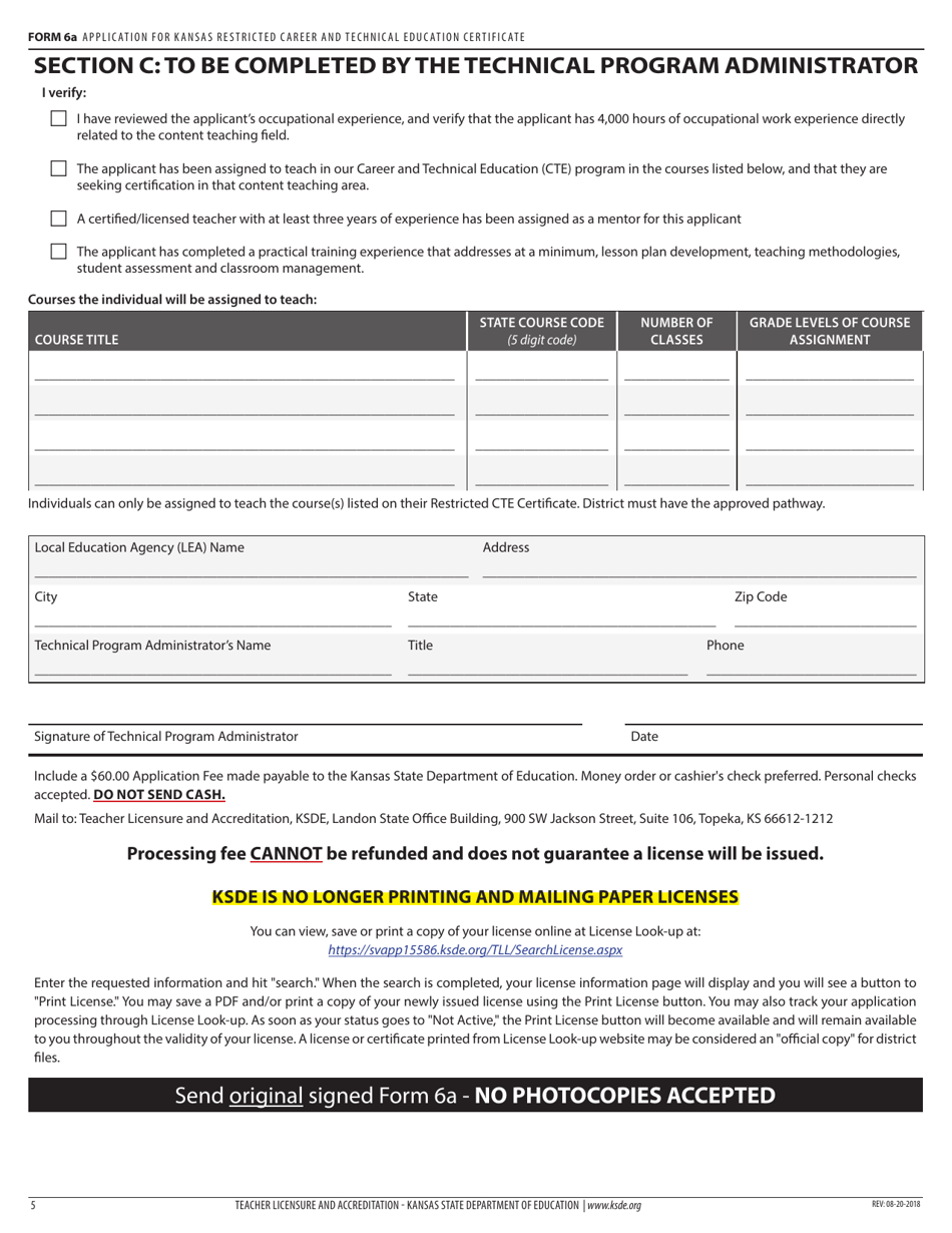 Form 6A Application for Kansas Restricted Career and Technical Education Certificate - Kansas, Page 7
