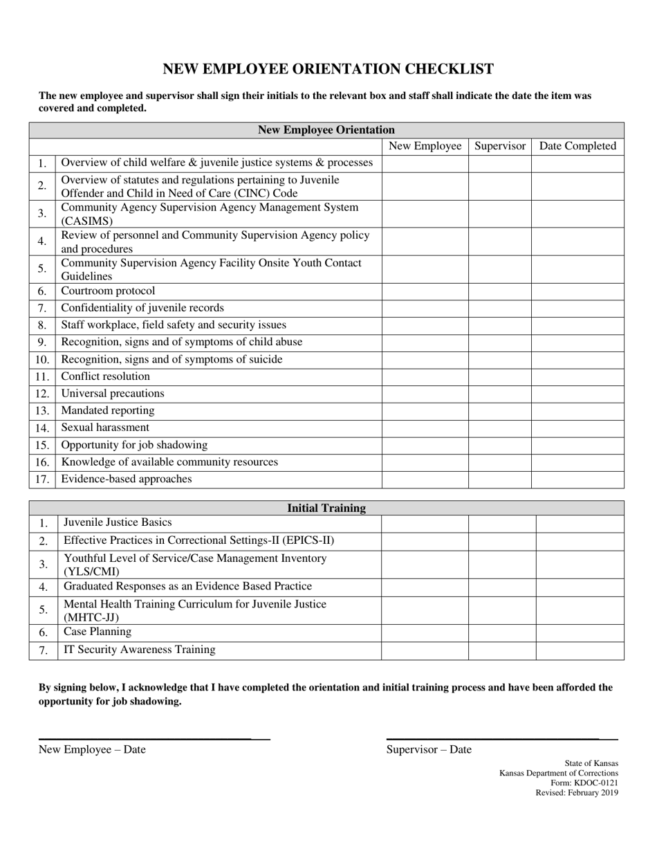 Form KDOC-0121 New Employee Orientation Checklist - Kansas, Page 1