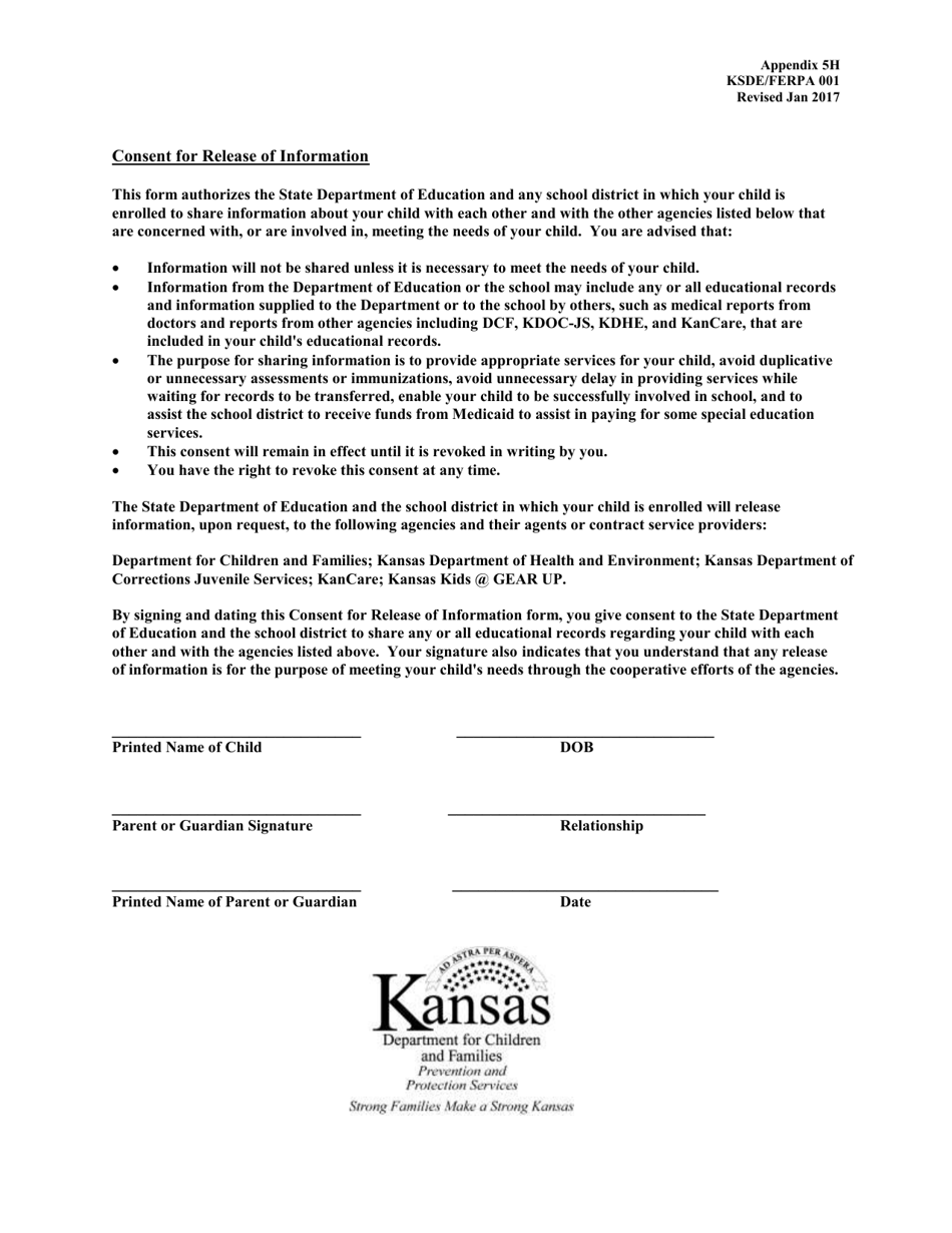 Form KSDE / FERPA001 Appendix 5H Consent for Release of Information - Kansas, Page 1