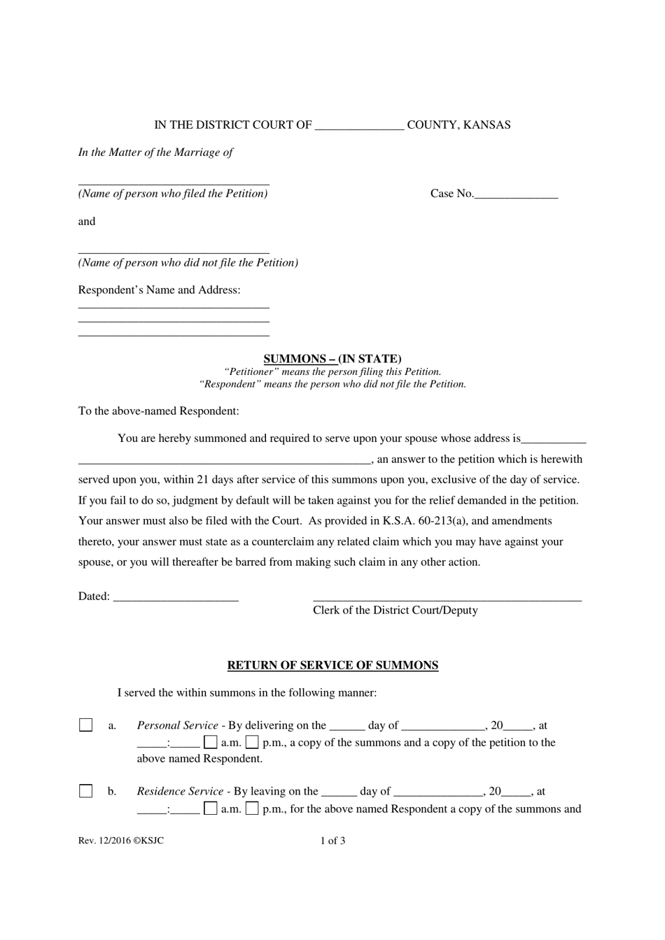 Kansas Summons (In State) - Fill Out, Sign Online and Download PDF ...