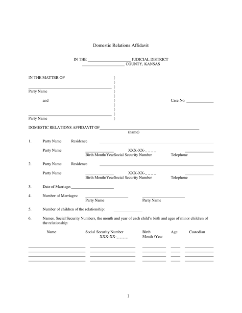 Domestic Relations Affidavit - Kansas Download Pdf