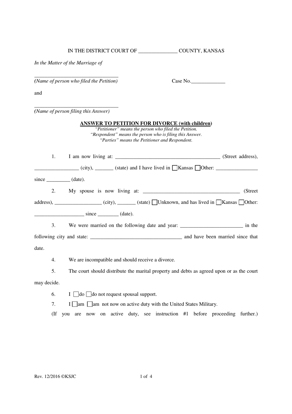 Answer to Petition for Divorce (With Children) - Kansas, Page 1