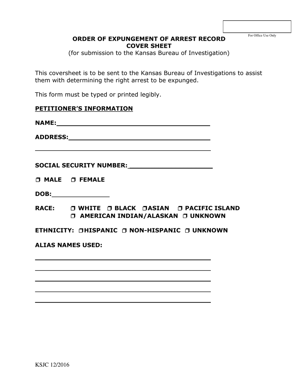 Order of Expungement of Arrest Record Cover Sheet - Kansas, Page 1