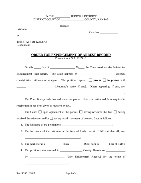 Order for Expungement of Arrest Record - Kansas