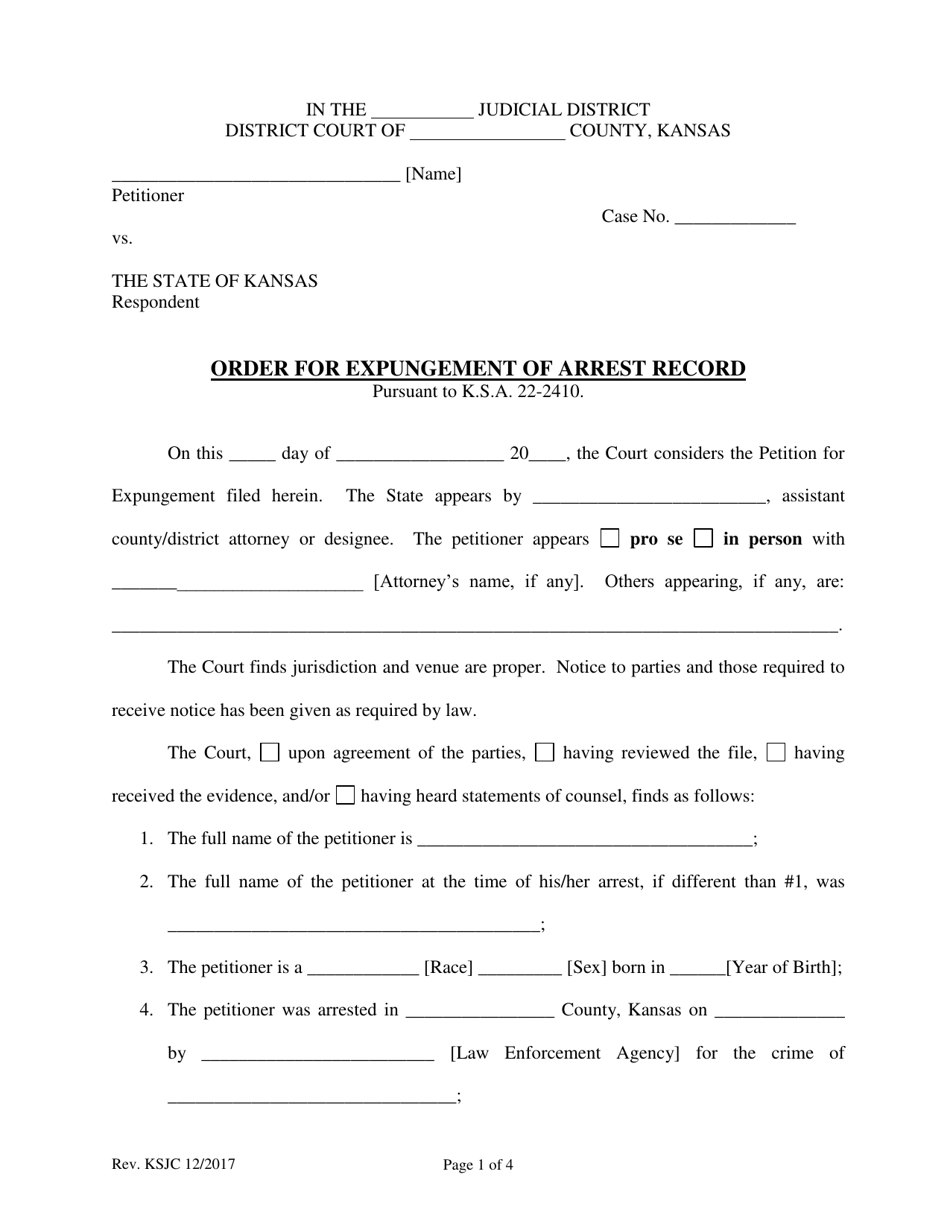 Order for Expungement of Arrest Record - Kansas, Page 1