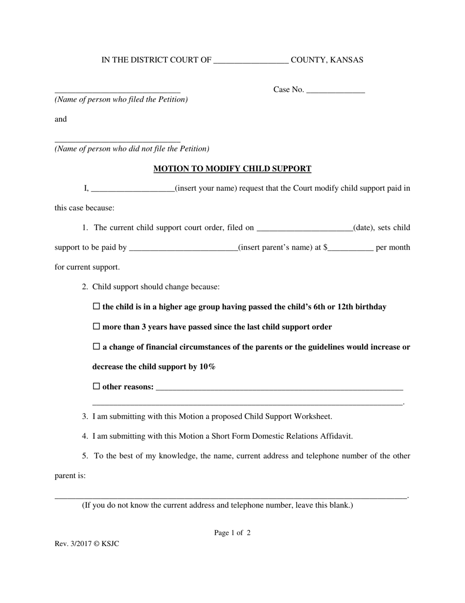 Motion to Modify Child Support - Kansas, Page 1