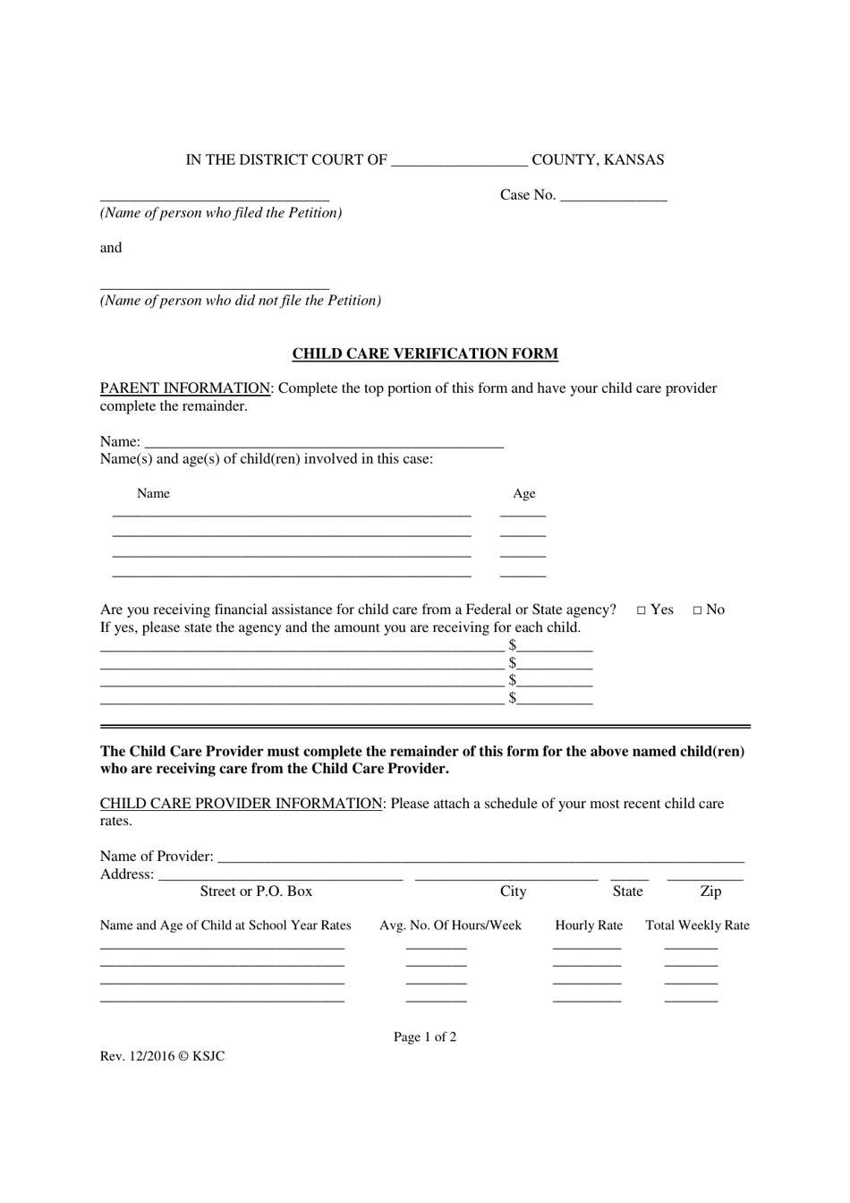 Child Care Verification Form - Kansas, Page 1