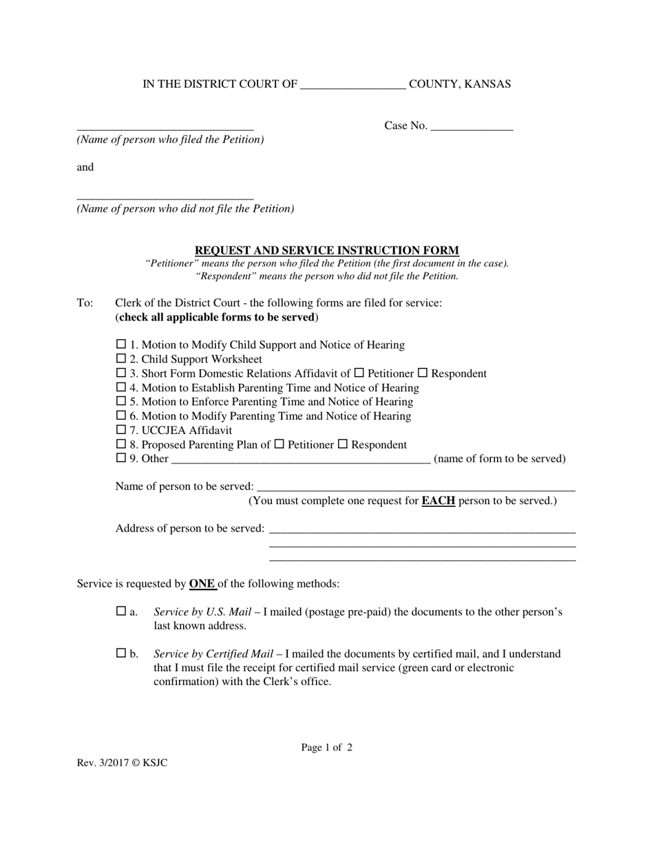 Request and Service Instruction Form (Post-judgment Motions) - Kansas, Page 1
