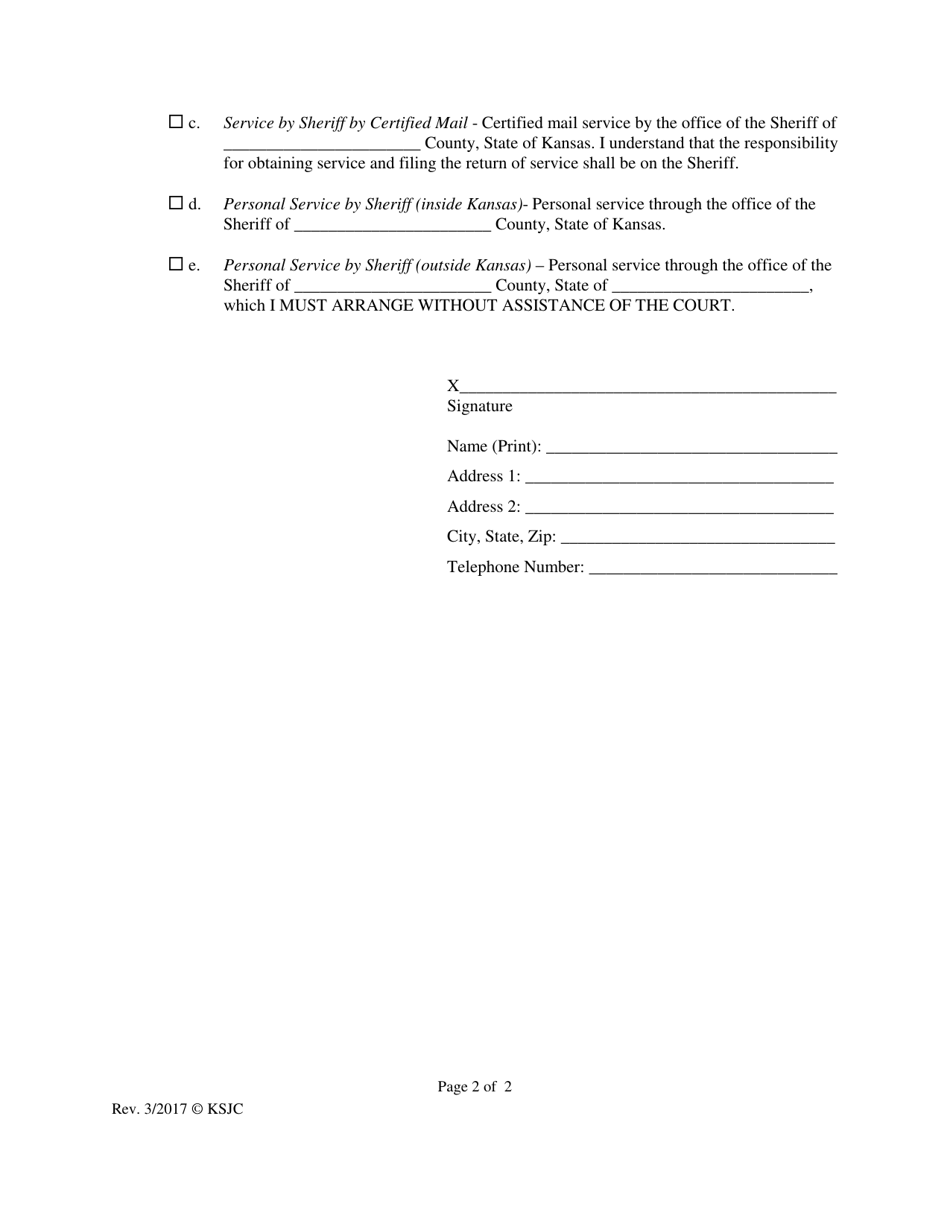 Kansas Request and Service Instruction Form (Postjudgment Motions