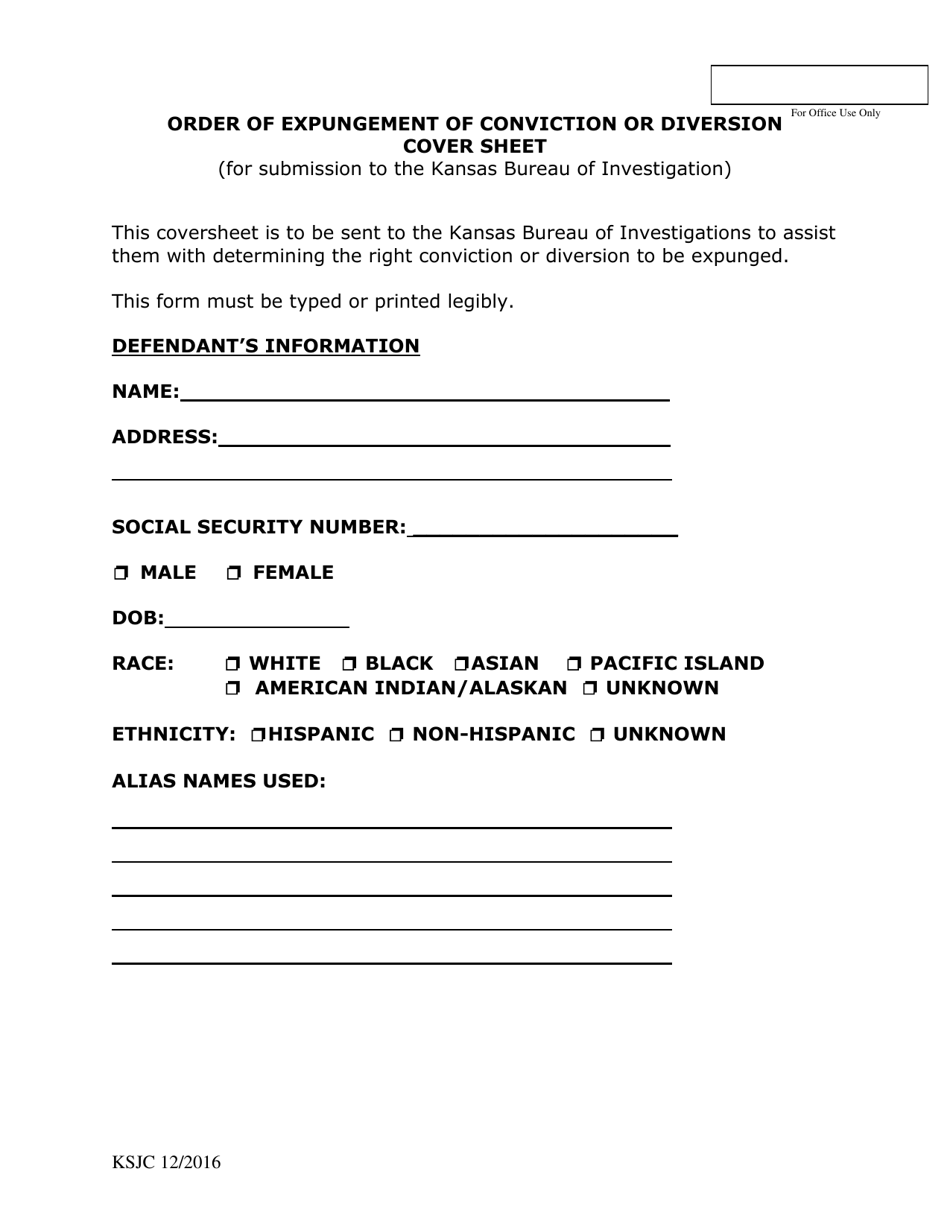 Order of Expungement of Conviction or Diversion Cover Sheet - Kansas, Page 1