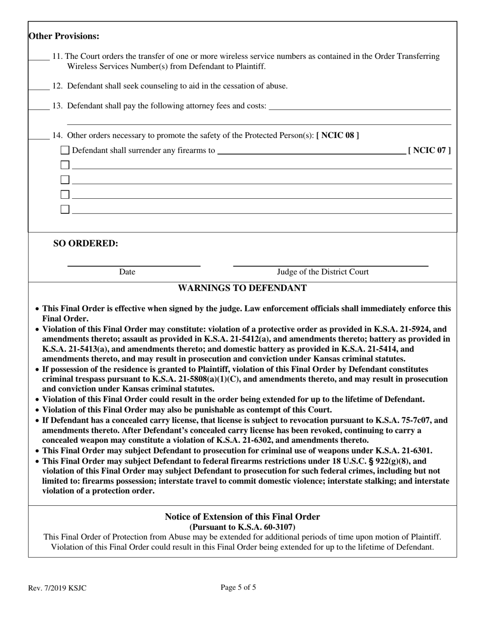 Final Order of Protection From Abuse - Kansas, Page 5