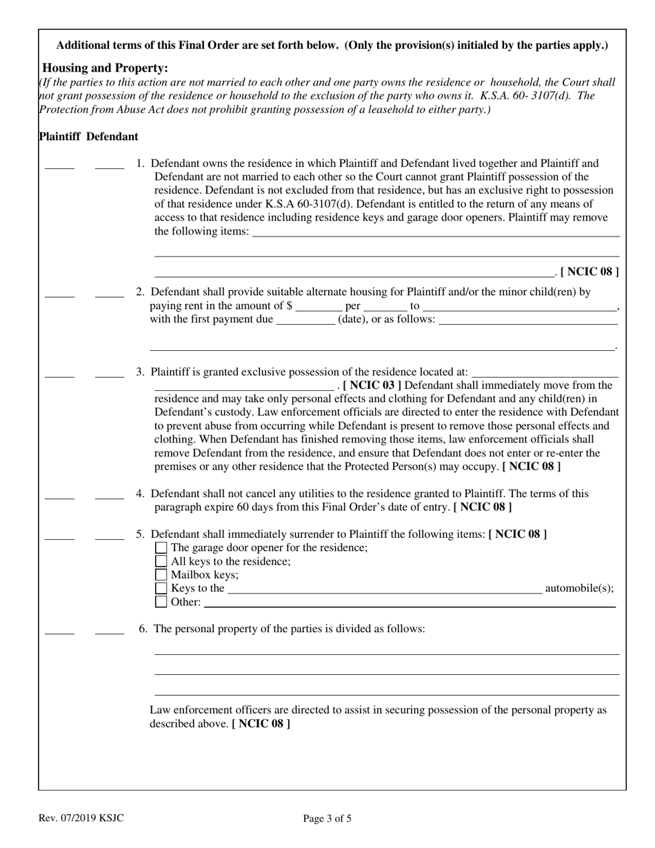 Final Consent Order of Protection From Abuse - Kansas, Page 3