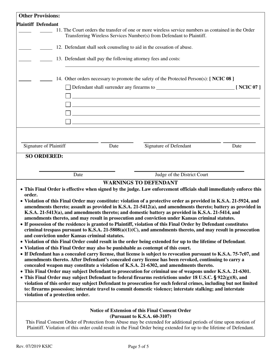 Final Consent Order of Protection From Abuse - Kansas, Page 5