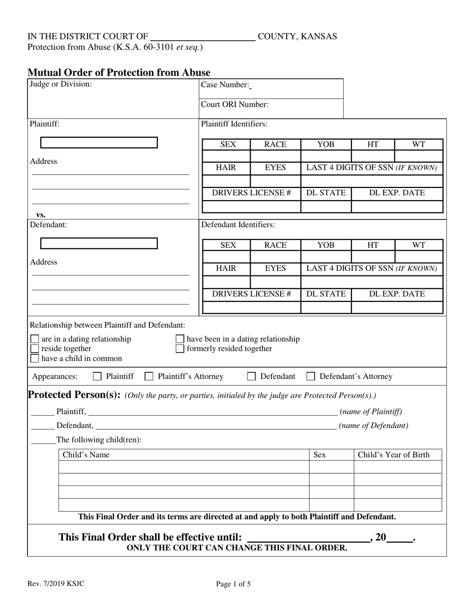 Kansas Mutual Order of Protection From Abuse Download Fillable PDF