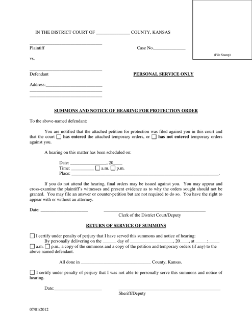 Summons and Notice of Hearing for Protection Order - Kansas Download Pdf