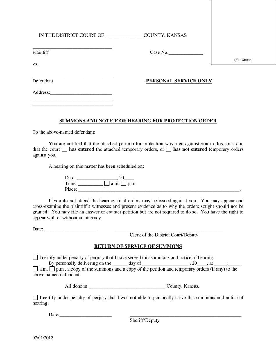 Kansas Summons and Notice of Hearing for Protection Order Fill Out