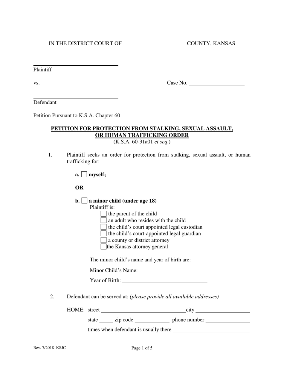 Petition for Protection From Stalking, Sexual Assault, or Human Trafficking Order - Kansas, Page 1