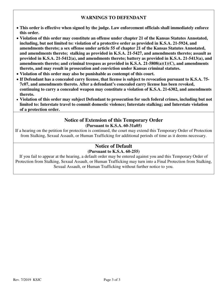 Temporary Order of Protection From Stalking, Sexual Assault, or Human Trafficking - Kansas, Page 3