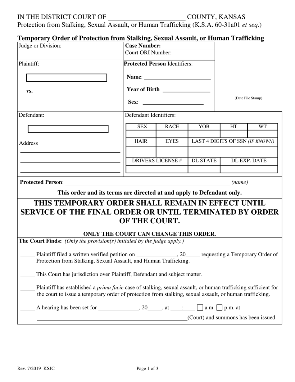 Kansas Temporary Order of Protection From Stalking, Sexual Assault, or