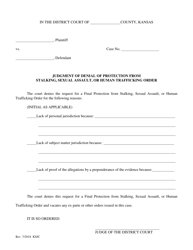 Document preview: Judgment of Denial of Protection From Stalking, Sexual Assault, or Human Trafficking Order - Kansas
