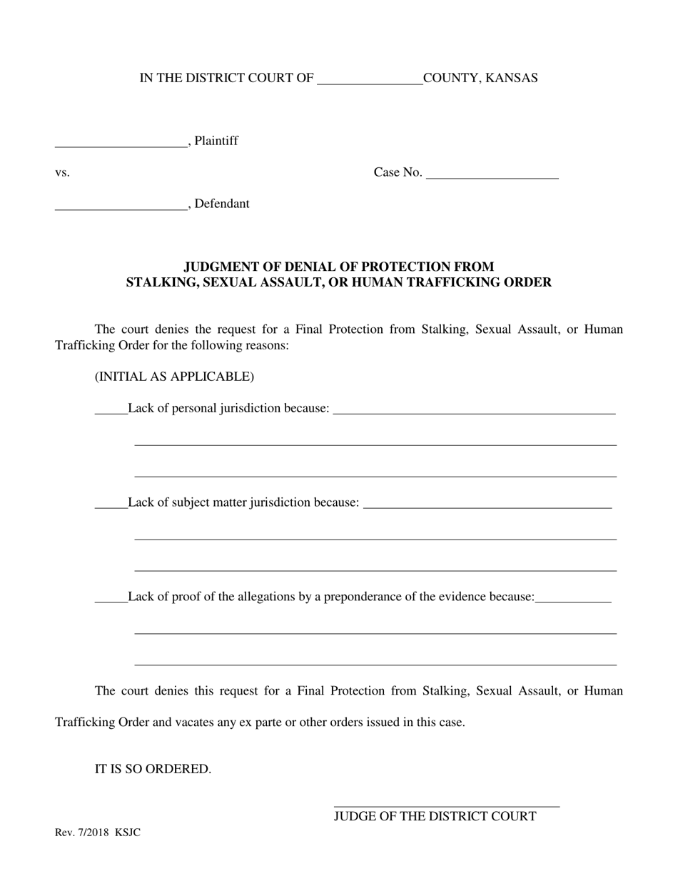 Judgment of Denial of Protection From Stalking, Sexual Assault, or Human Trafficking Order - Kansas, Page 1