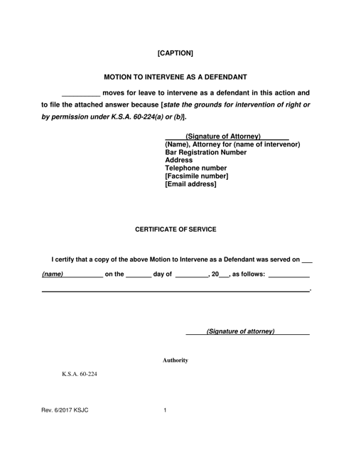 Motion to Intervene as a Defendant - Kansas Download Pdf