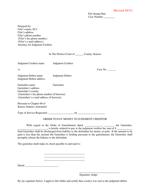 Order to Pay Money to Judgment Creditor - Kansas Download Pdf