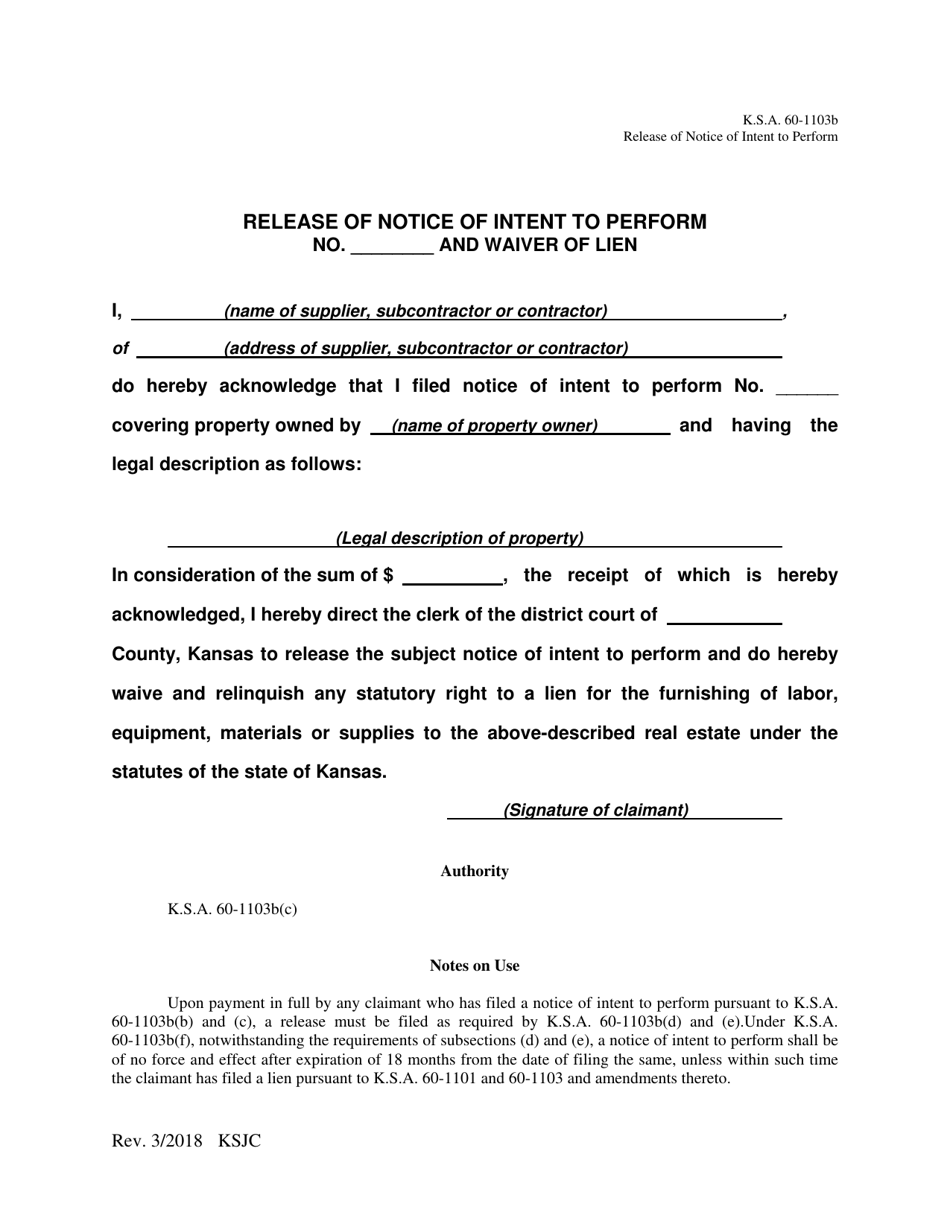 Release of Notice of Intent to Perform - Kansas, Page 1
