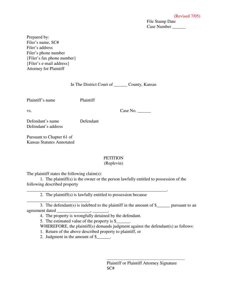 Petition (Replevin) - Kansas, Page 1