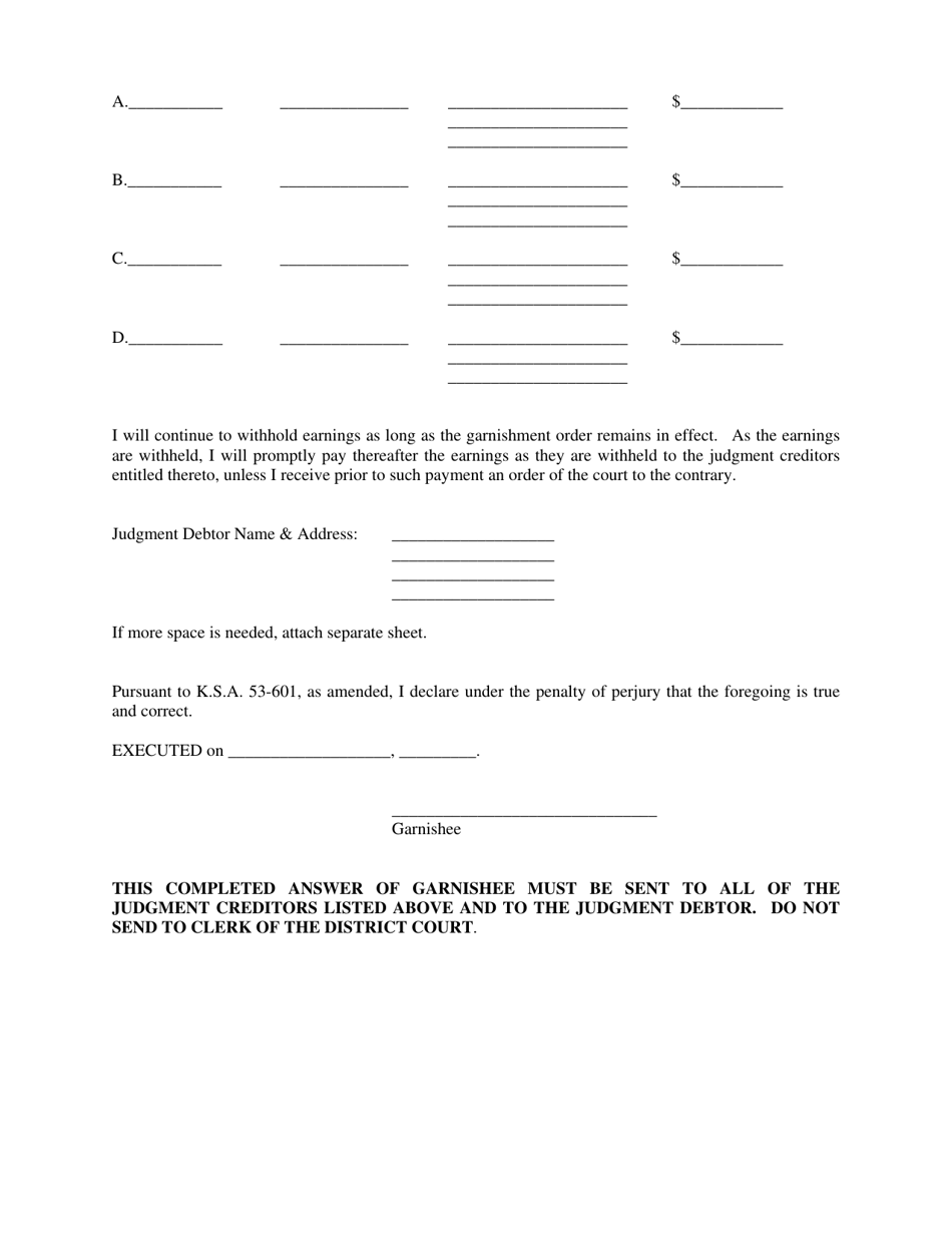 Answer of Garnishee (Earnings) - Kansas, Page 3