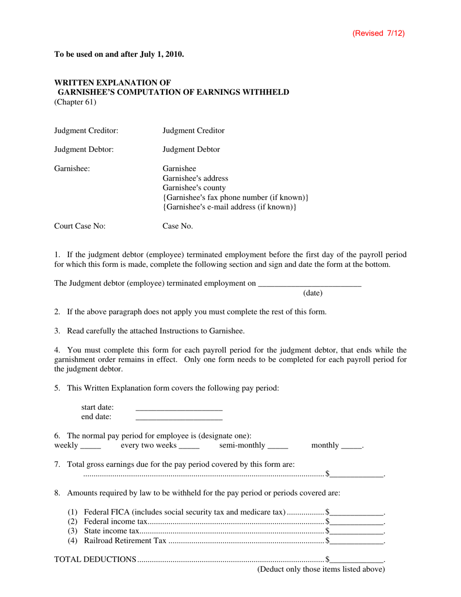 Written Explanation of Garnishees Computation of Earnings Withheld - Kansas, Page 1