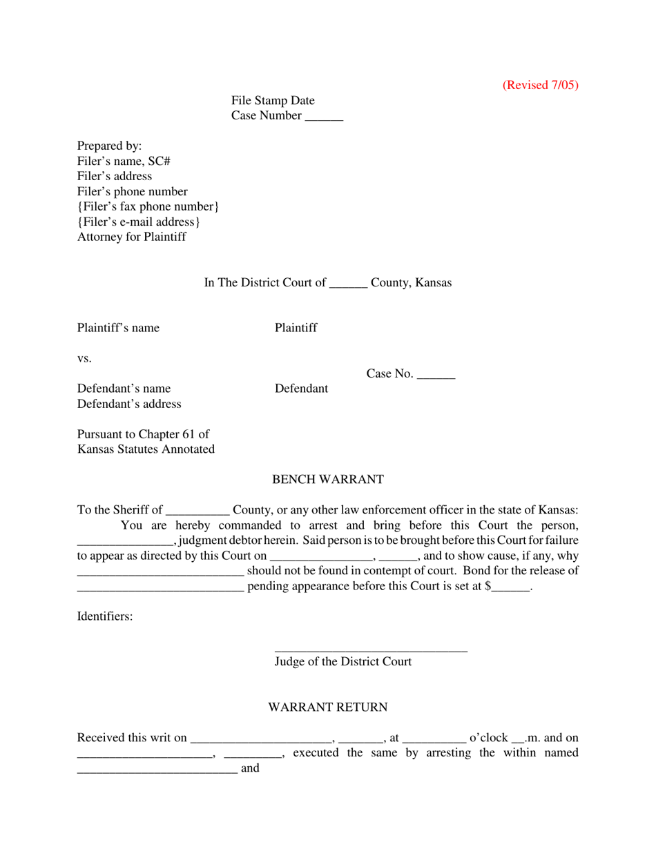 Kansas Bench Warrant Fill Out Sign Online and Download PDF