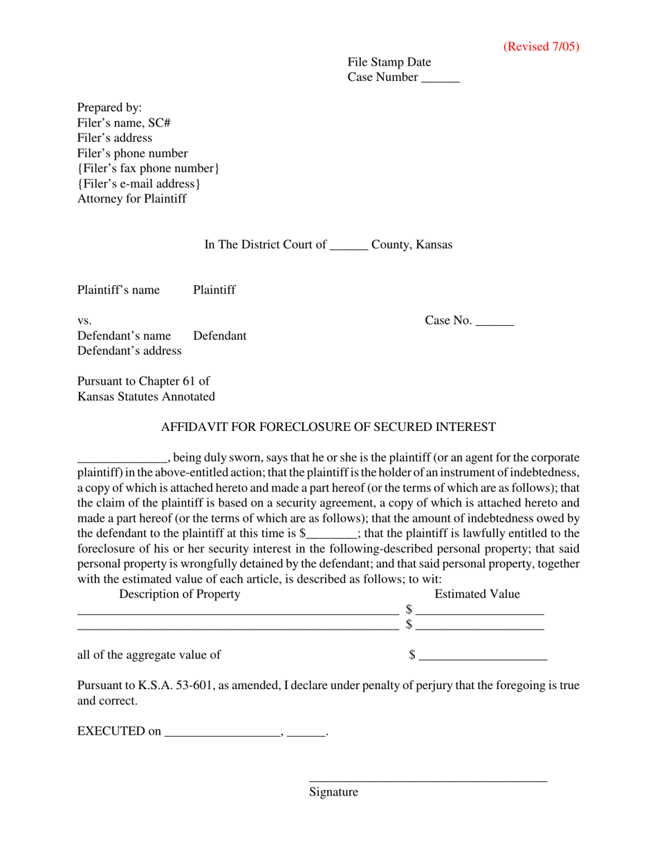 Affidavit for Foreclosure of Secured Interest - Kansas, Page 1