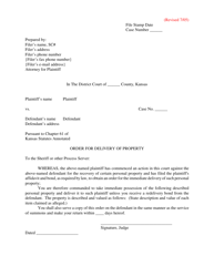 Document preview: Order for Delivery of Property - Kansas