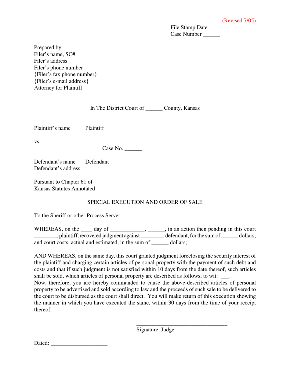 Special Execution and Order of Sale - Kansas, Page 1