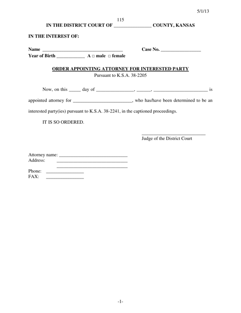 Form 115 Order Appointing Attorney for Interested Party - Kansas