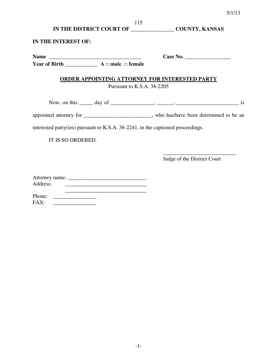 Form 115 Order Appointing Attorney for Interested Party - Kansas, Page 1