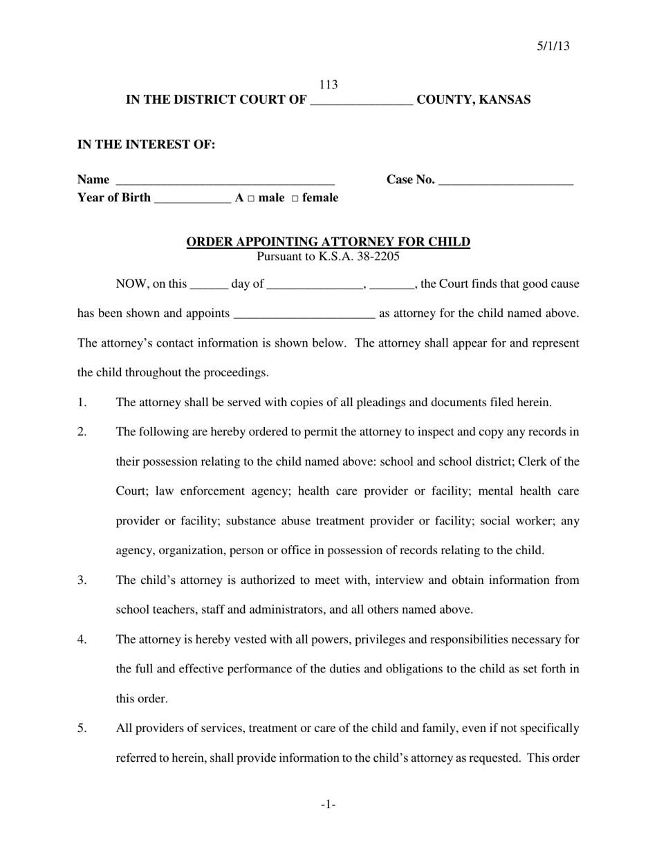 Form 113 Order Appointing Attorney for Child - Kansas, Page 1