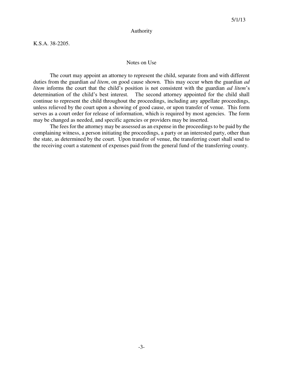 Form 113 Order Appointing Attorney for Child - Kansas, Page 3