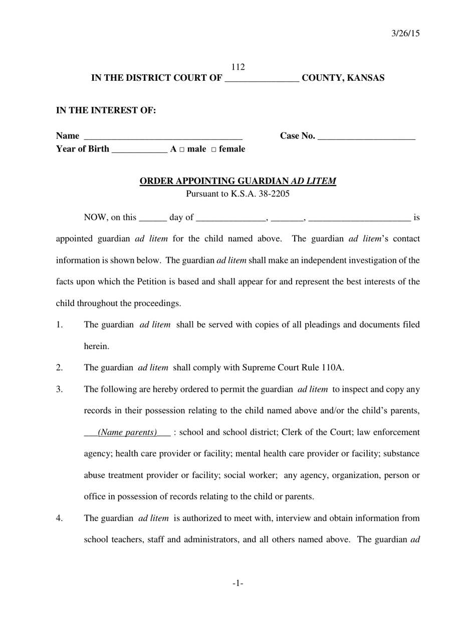 Form 112 Order Appointing Guardian Ad Litem - Kansas, Page 1