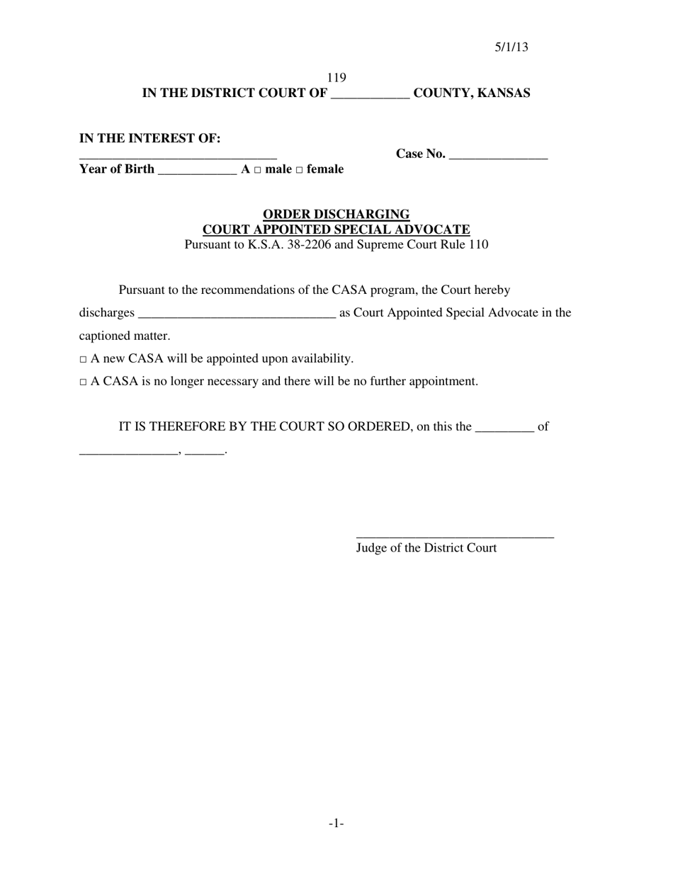 Form 119 Order Discharging Court Appointed Special Advocate - Kansas, Page 1