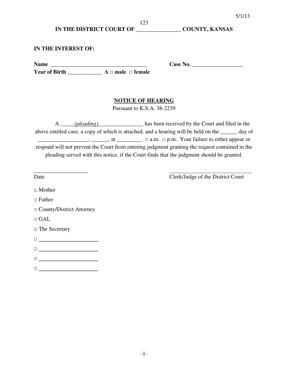 Form 123 Notice of Hearing - Kansas, Page 1